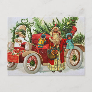 Vintage Navidad Santa con juguetes y auto rojo