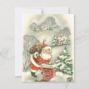 Vintage Navidad Santa en el tejado con juguetes Ho
