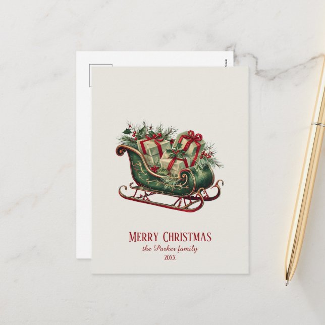 Vintage Navidad Sleigh con regalos y vegetación (Anverso/Reverso In Situ)