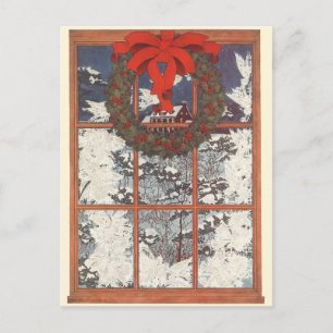 Vintage Navidad Wreath en una ventana con nieve