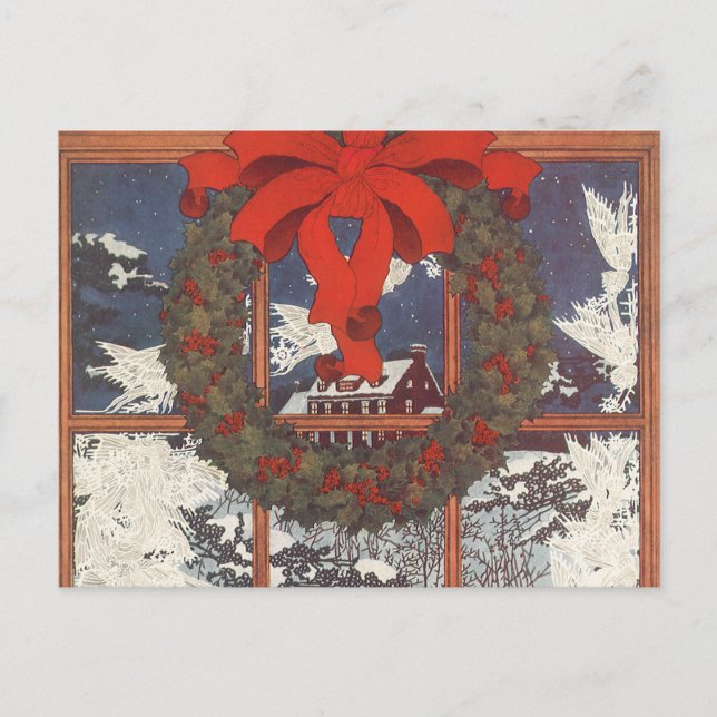 Vintage Navidad Wreath en una ventana con nieve (Anverso)