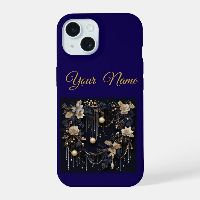 Vintage Navy Blue & Gold Christmas iPhone 15 Slim  (Reverso )