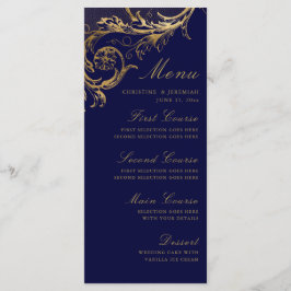 Vintage Navy Blue Gold Floral Damask Wedding Menú