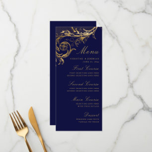 Vintage Navy Blue Gold Floral Damask Wedding Menú
