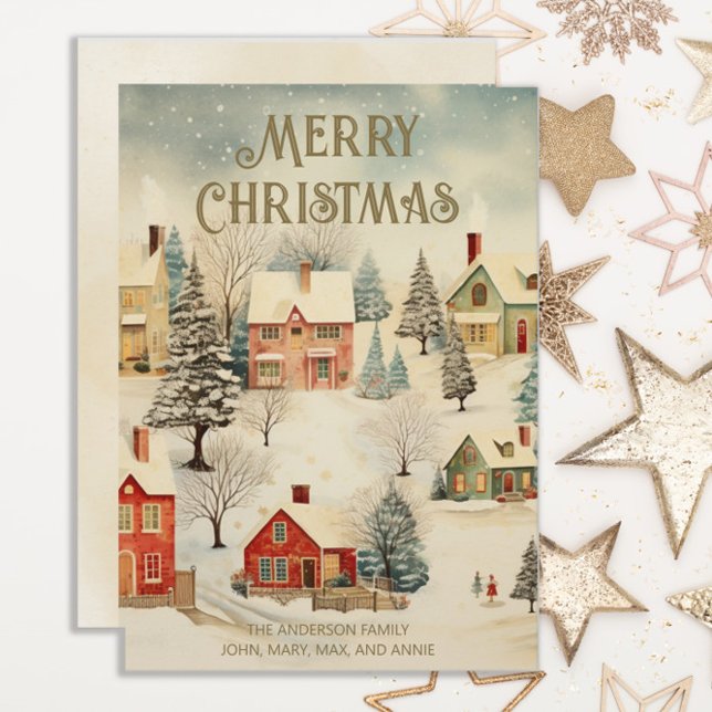 Vintage Nieve cubierta Aldea Feliz Navidad (Vintage old-time snowy village "Merry Christmas" greeting card personalized with your own text.)
