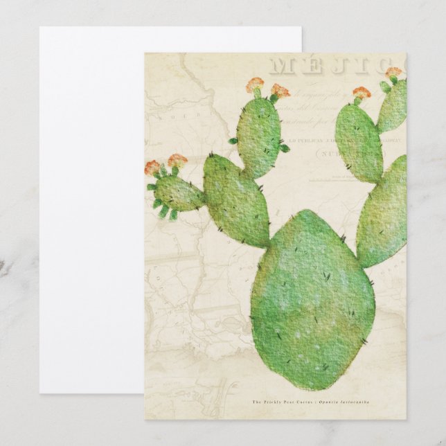 Vintage Nopal Cactus Watercolor Tarjeta de saludo (Anverso / Reverso)