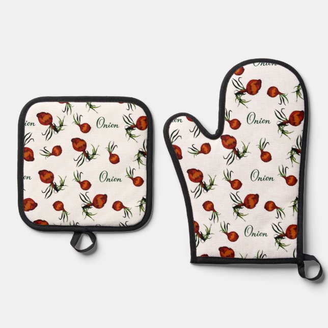 Vintage Onion Print Oven Mitt & Pot Holder Set (Anverso)