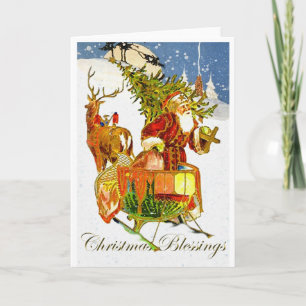 Vintage Papá Noel y tarjeta de Navidad del reno