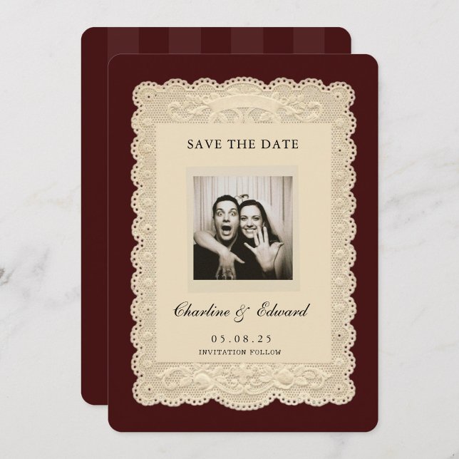 Vintage Paper Lace Burgundy Save the Date (Subido por el creador)