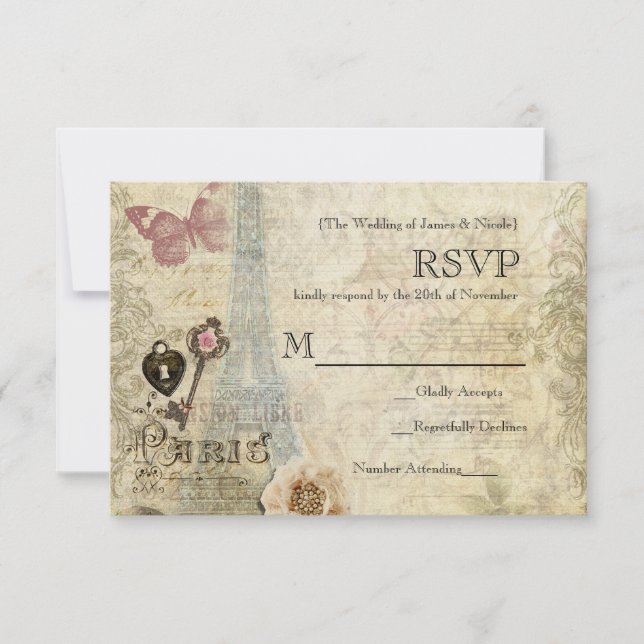 Vintage Paris Roses Rosa Lock & Key Wedding RSVP (Anverso)