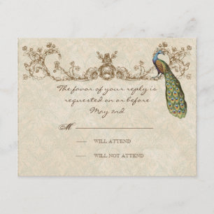 Vintage Peacock & Etchings Wedding Tarjeta RSVP