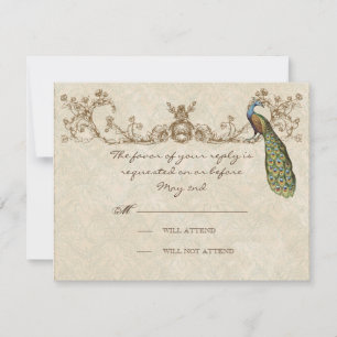 Vintage Peacock & Etchings Wedding Tarjeta RSVP