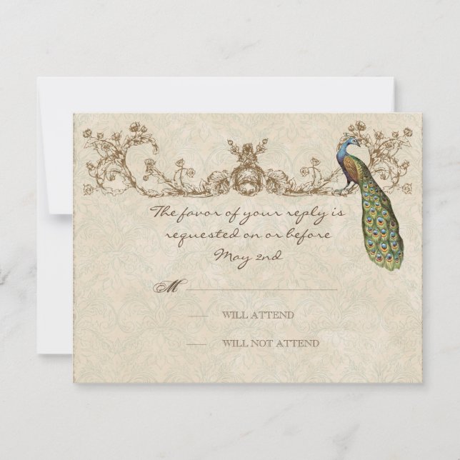 Vintage Peacock & Etchings Wedding Tarjeta RSVP (Anverso)