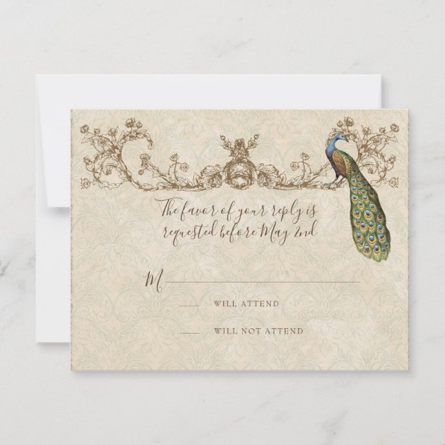 Vintage Peacock & Etchings Wedding Tarjeta RSVP (Anverso)