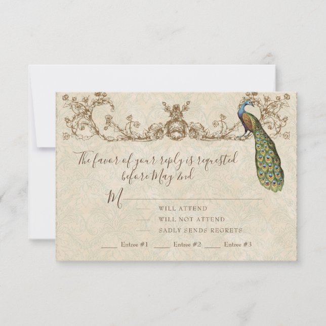 Vintage Peacock & Etchings Wedding Tarjeta RSVP (Anverso)