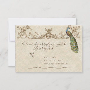 Vintage Peacock & Etchings Wedding Tarjeta RSVP