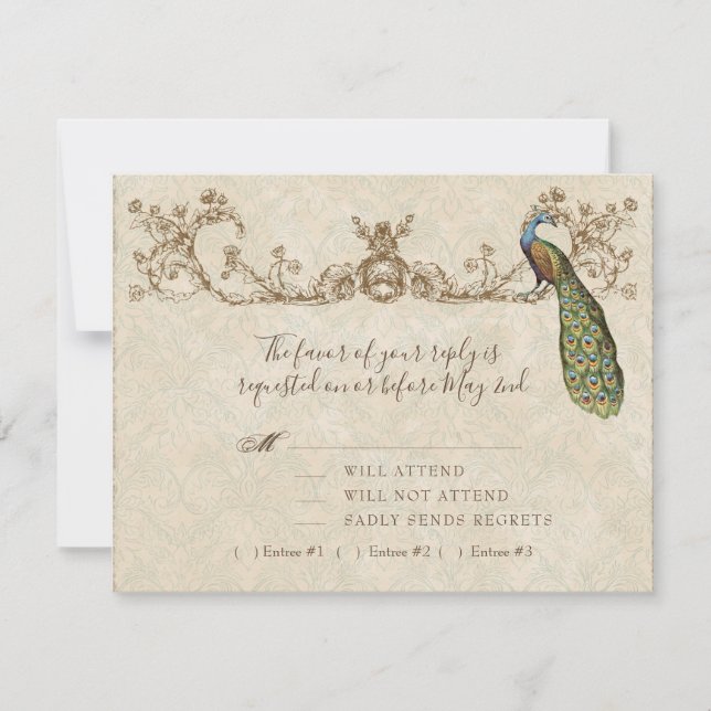 Vintage Peacock & Etchings Wedding Tarjeta RSVP (Anverso)