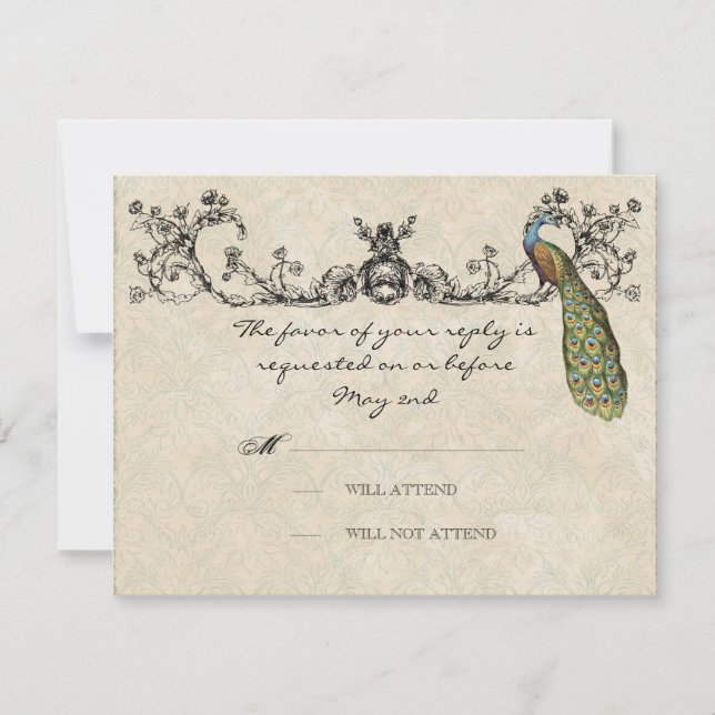 Vintage Peacock & Etchings Wedding Tarjeta RSVP (Anverso)