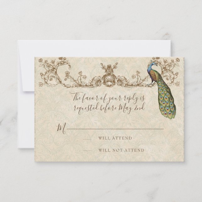 Vintage Peacock & Etchings Wedding Tarjeta RSVP (Anverso)