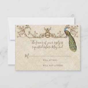 Vintage Peacock & Etchings Wedding Tarjeta RSVP