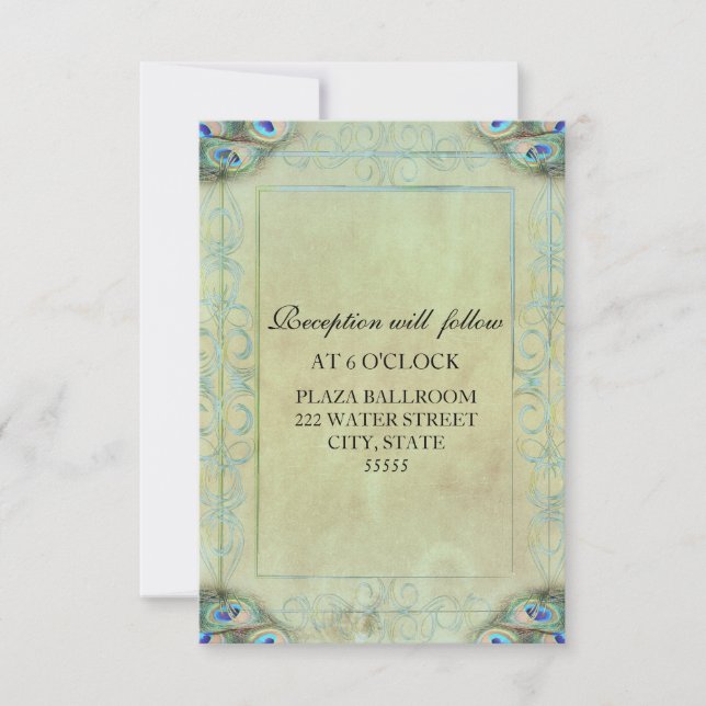 Vintage Peacock Wedding Tarjeta de recepción (Anverso)