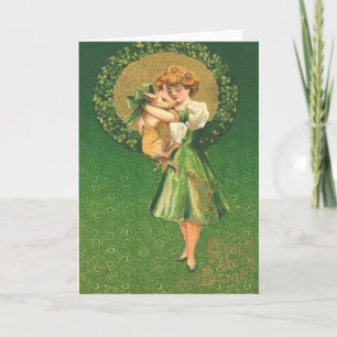 Vintage Pig Maiden Shamrock Tarjeta del Día de San