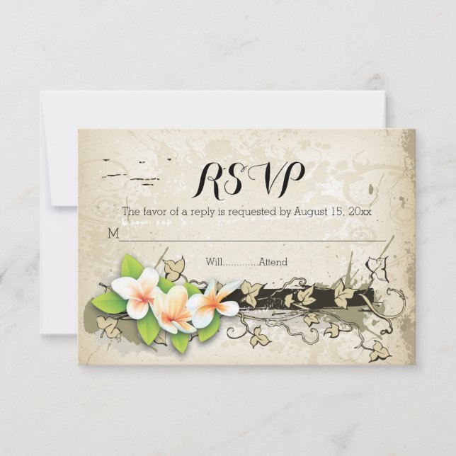 Vintage plumeria & ivy boda beige RSVP (Anverso)