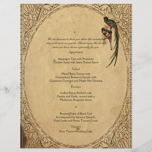 Vintage Quetzal Bird Elegant Wedding Menu (Anverso)