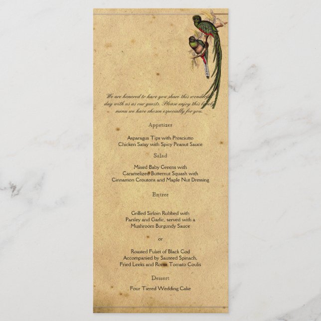 Vintage Quetzal Bird Elegant Wedding Menu (Anverso)