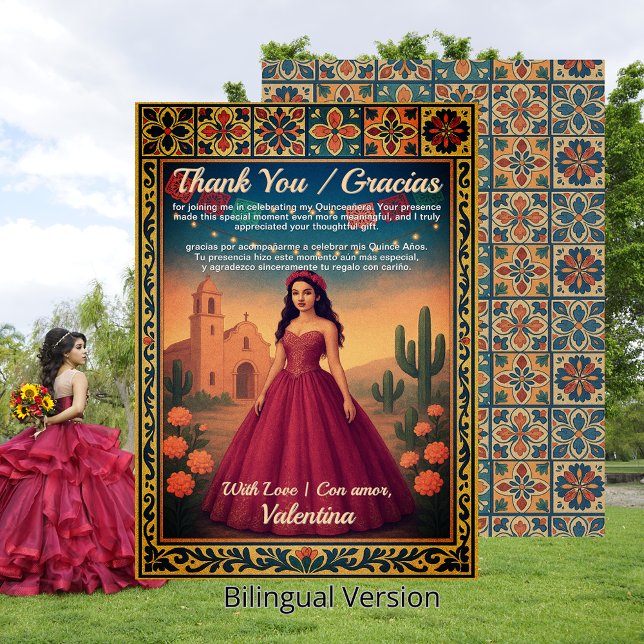 Vintage Red Gown Tarjeta de Gracia | (Quinceañera Vintage Red Gown Gracias Tarjeta | Thank You Card)