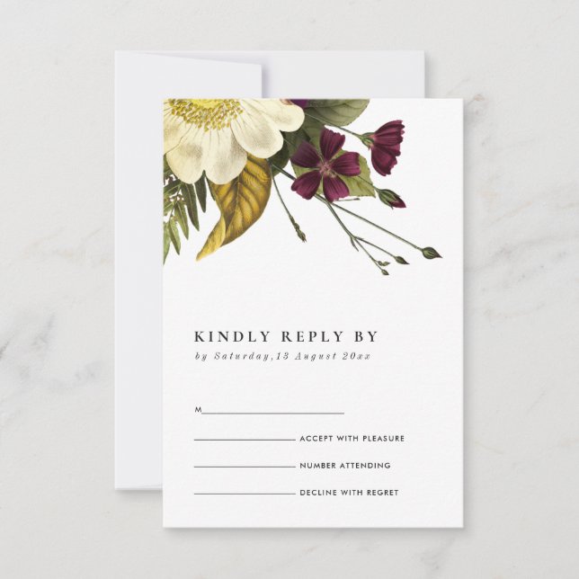 VINTAGE RETRO BURGUNDY AMARILLO FLORAL BODA RSVP (Anverso)