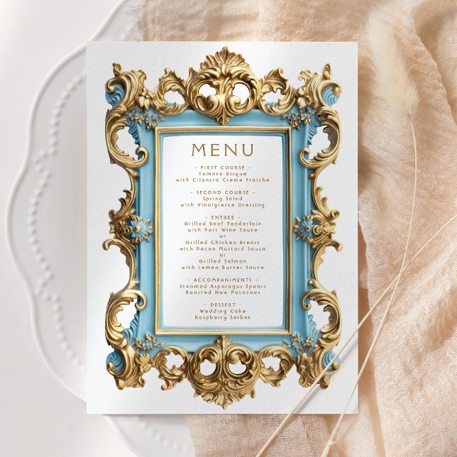 Vintage Rococo Frame Blue Gold Wedding Menu (Subido por el creador)