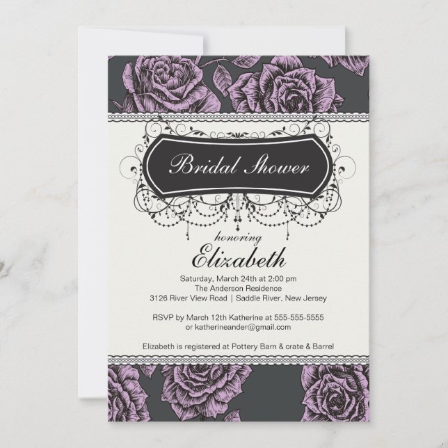 Vintage Rosa Bridal Ducha Invitación Lavanda (Anverso)