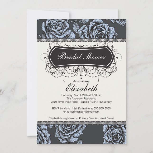 Vintage Rosa Bridal Shower Invitación Azul (Anverso)