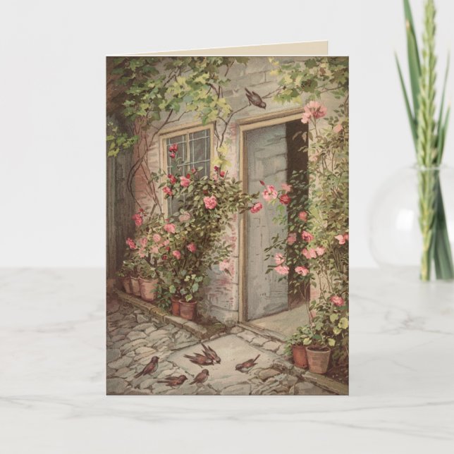 Vintage Rosa Garden Cottage Blank Tarjeta de felic (Anverso)