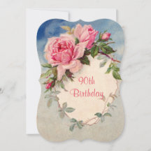 Vintage, Rosas Rosadas, Cumpleaños 90, Invitación