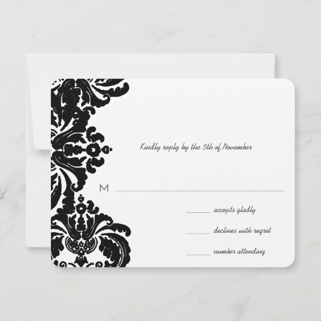 Vintage Royal Black Damask Wedding RSVP (Reverso)