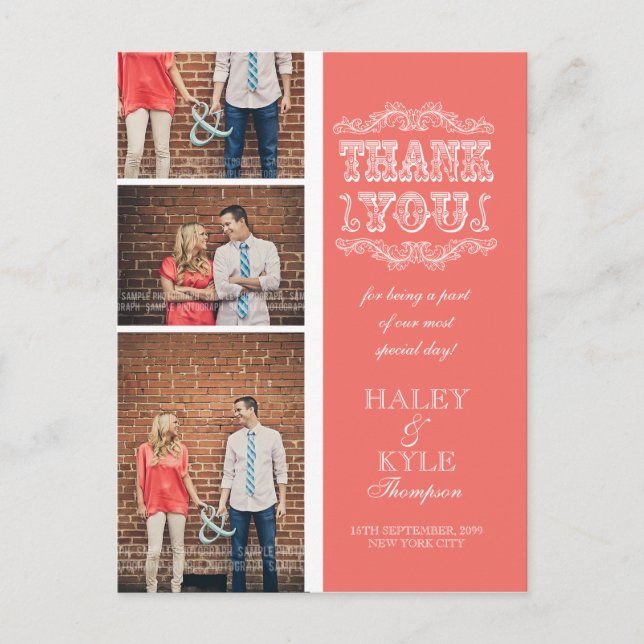 VINTAGE Salmon 3 Photo Boda Gracias Tarjeta Post (Anverso)