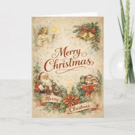 Vintage Santa Ángel y Villancistas Feliz Navidad