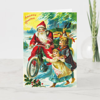Vintage Santa Bicycle & Children Feliz Navidad
