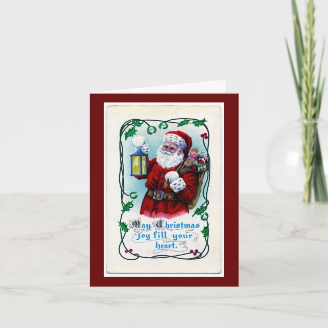 Vintage Santa con tarjeta de saludo de linterna (Anverso)