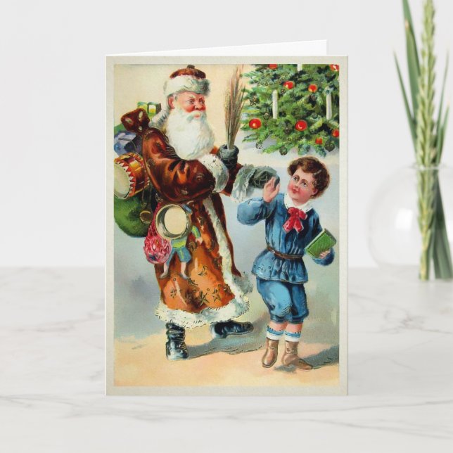 Vintage Santa con tarjeta de vacaciones para niños (Anverso)