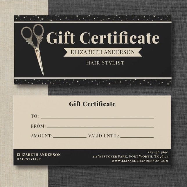 Vintage Scissors Hair Stylist Gift Certificate (An elegant vintage scissors hair stylist gift certificate. Personalize it with your information.)