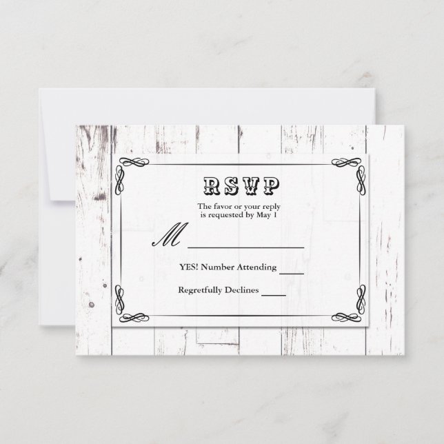 Vintage Shabby Chic White Wood Barn Wedn RSVP (Anverso)