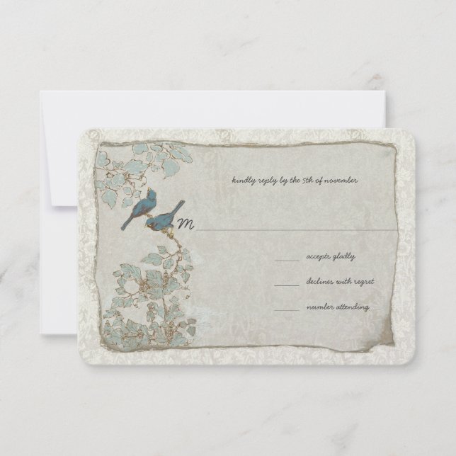 Vintage Silver y Blue Birds Damask Wedds RSVP (Anverso)