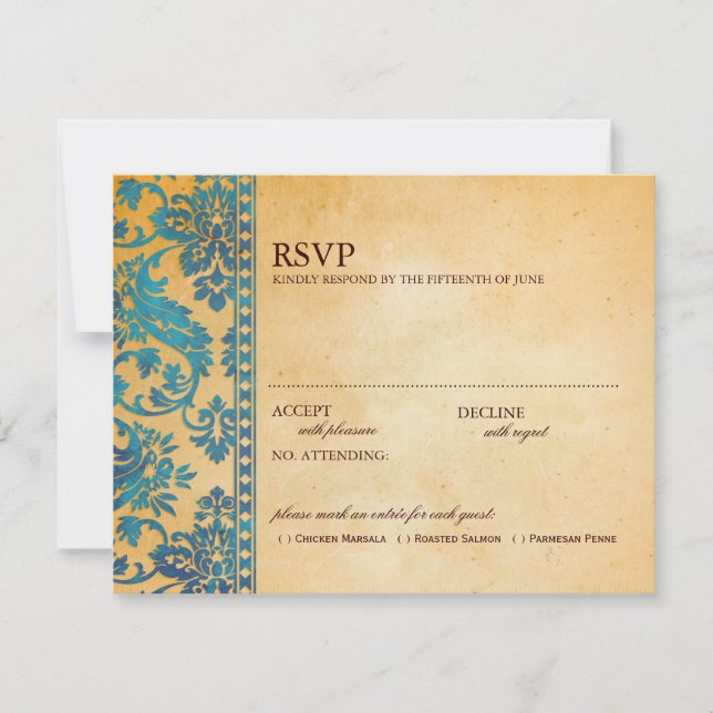 Vintage Sky Blue Damask Lace Wedding RSVP (Anverso)