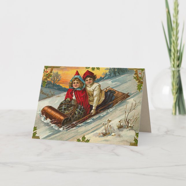 Vintage Sledding Fun Navidad Tarjeta (Anverso)