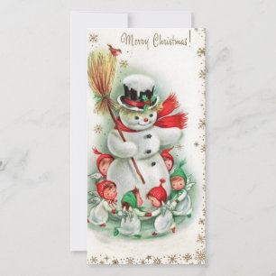 Vintage Snowman de Navidad baila con ángeles