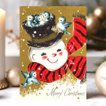 Vintage Snowman Y Bluebirds Feliz Navidad<br><div class="desc">Vintage Snowman Y Bluebirds Feliz Festividad De Navidad. Este diseño cuenta con un muñeco de nieve con pájaros planos. Qué bella escena de vacaciones retro. Personalice este diseño personalizado con su propio saludo interno.</div>