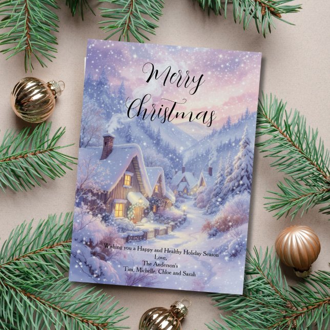 Vintage Snowy Village Holiday Navidad Card (Vintage Snowy Winter Village Scene Christmas Holiday greeting card. Printed or Digital Download)